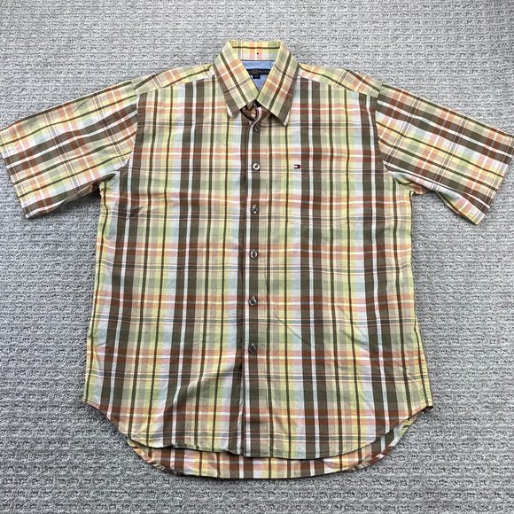 Tommy Hilfiger Shirt Men Medium M Brown Yellow Plaid Button Up Pocket Casual - Picture 1 of 11